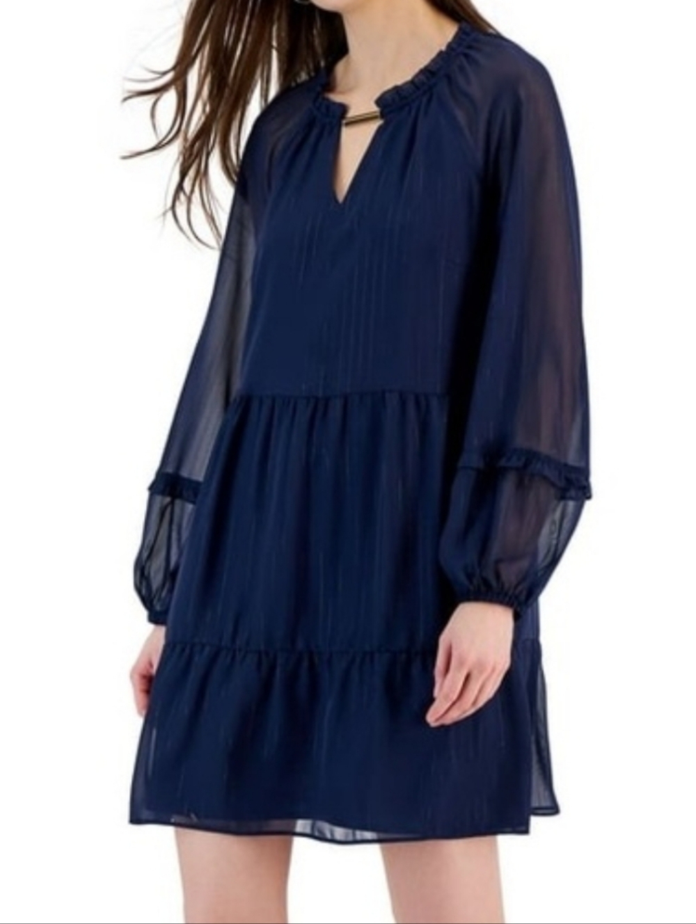 NWT INC International Concepts Dress Mini Medium Chiffon Metallic Stripe Tiered